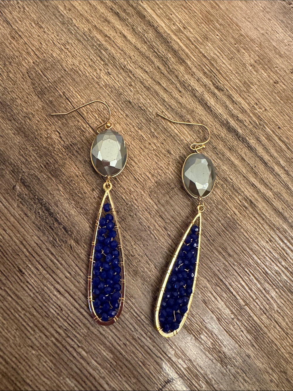 Gold-Tone Drop Earrings with Deep Blue Crystal Inlay